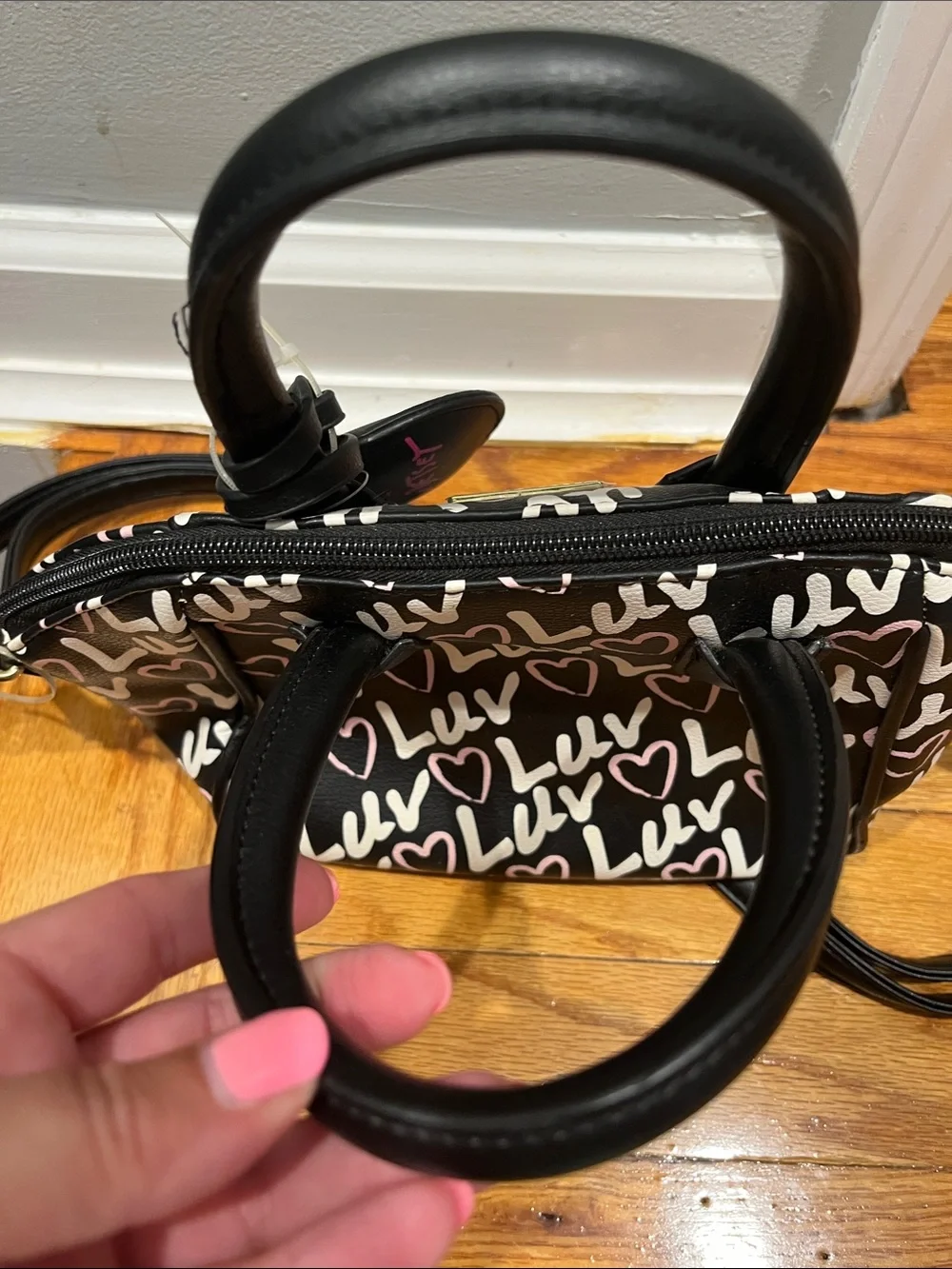 Betsey Johnson Black Heart 'Luv' Print Unicorn Applique Satchel